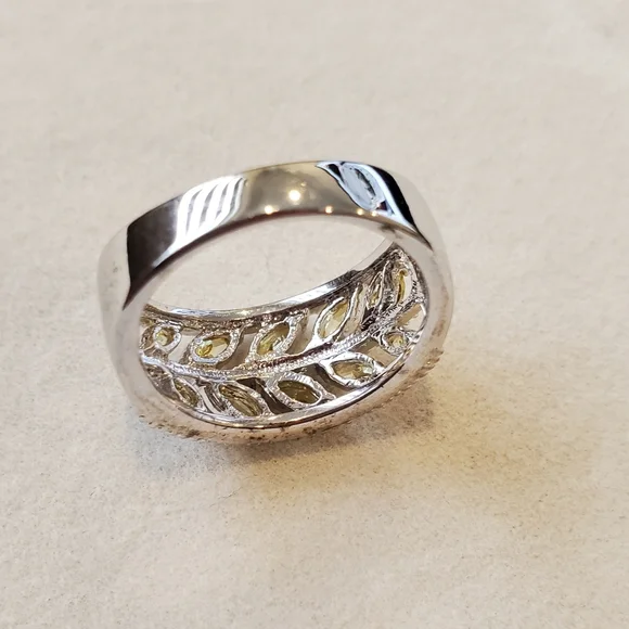 Elegant Women's Silver Ring w/ Yellow Citrine Stones Leafy Vine Design Size 7 - Picture 8 of 10